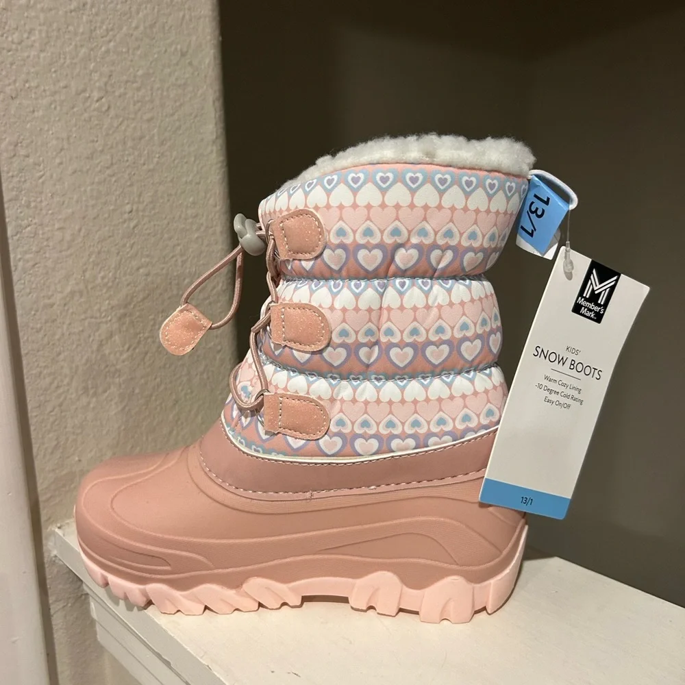 NWT Member's Mark Girl's Pull On Insulated Snow Boots Pink Hearts Kids Size 13/1 - Picture 3 of 10